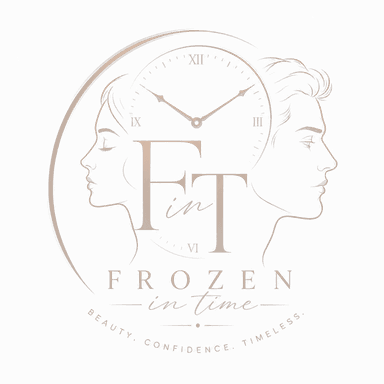 Frozen In Time Parlour emblem - two profiles framing a clock, rendered in rose gold