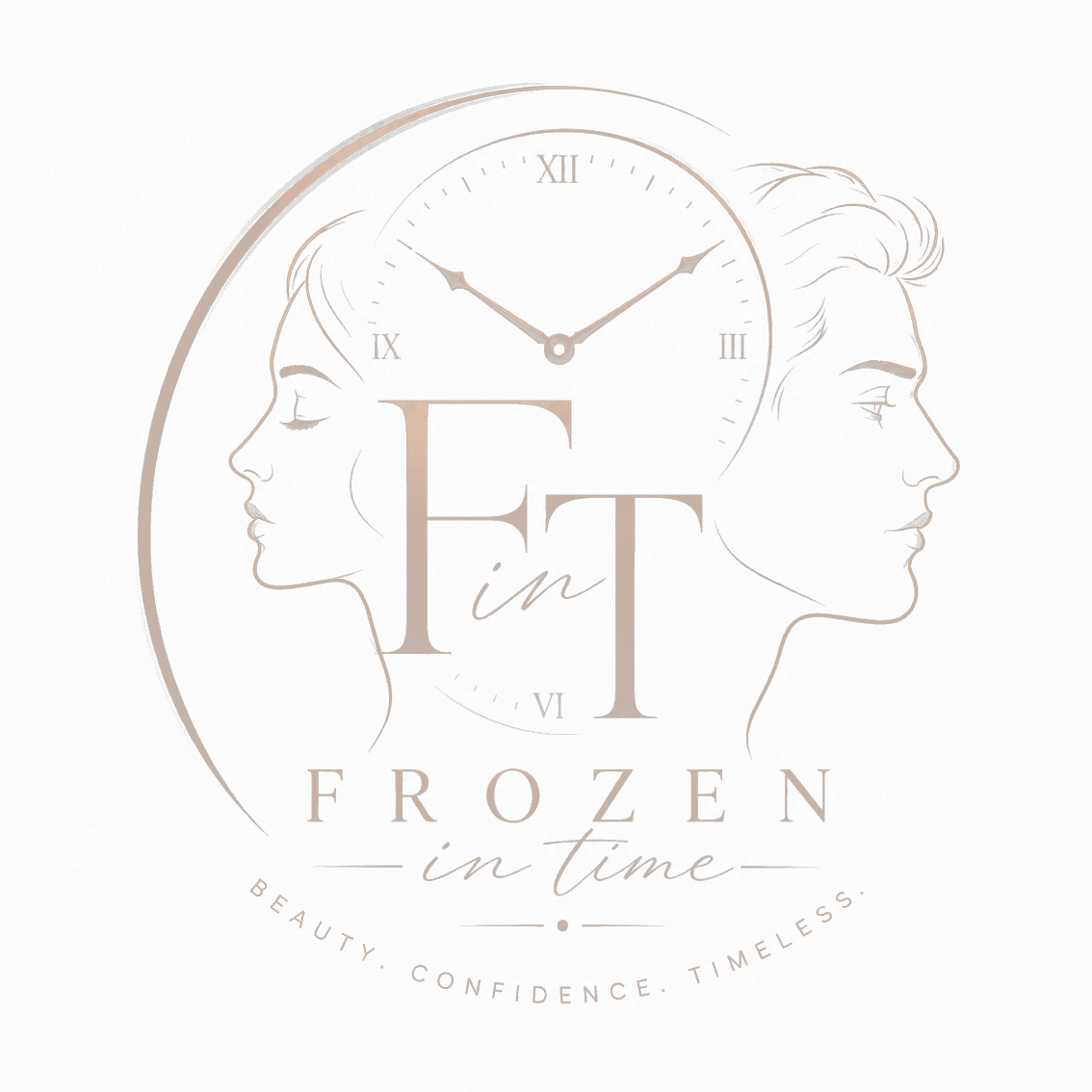 Frozen In Time Parlour emblem with two profiles framing a clock