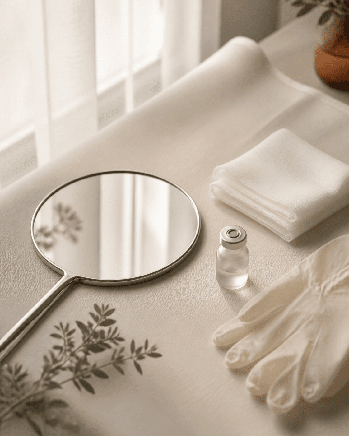 A carefully prepared aesthetic consultation tray in warm natural light