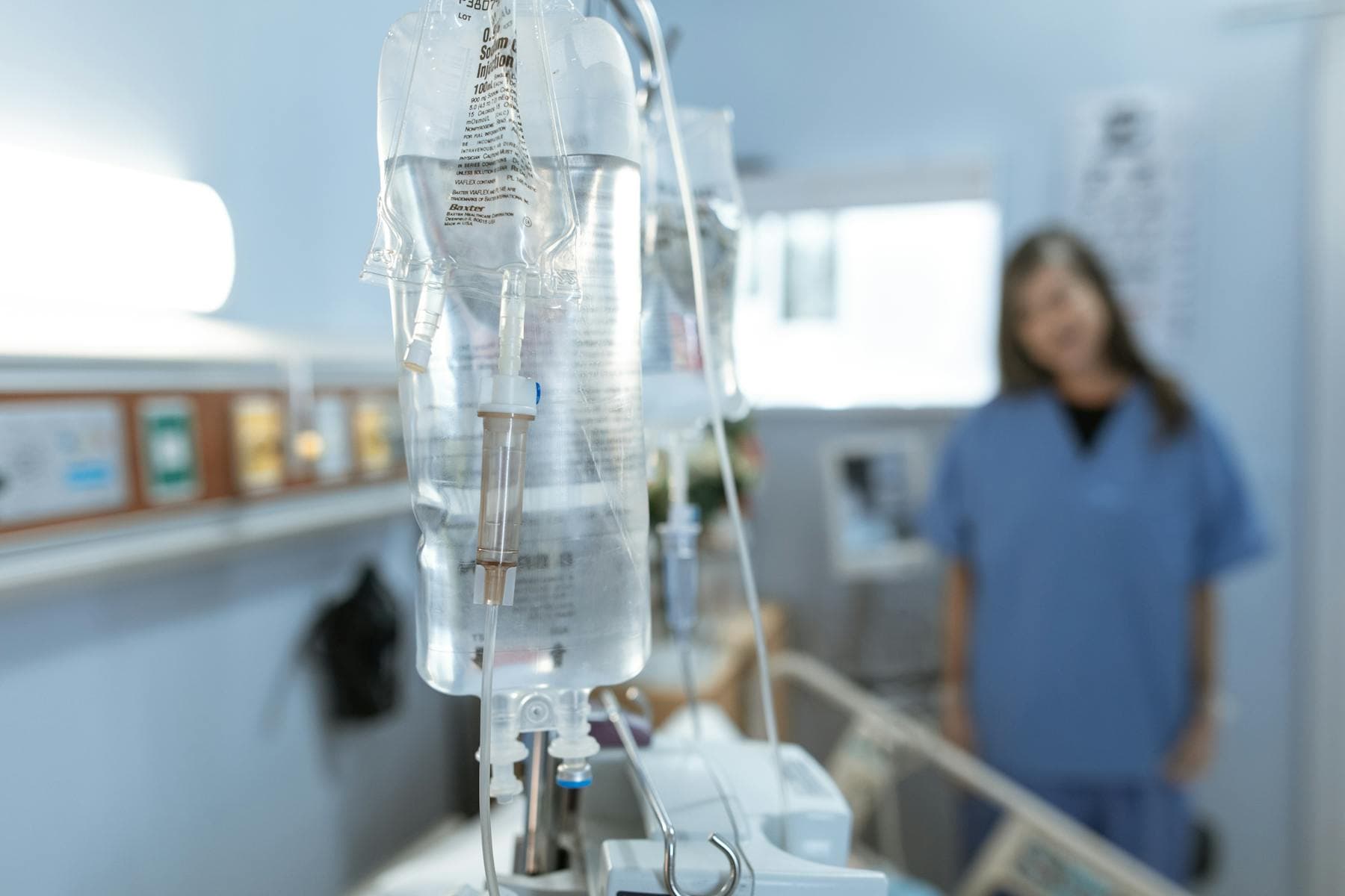 A clinical IV bag of fluid - professional, clean, ready for in-home infusion therapy